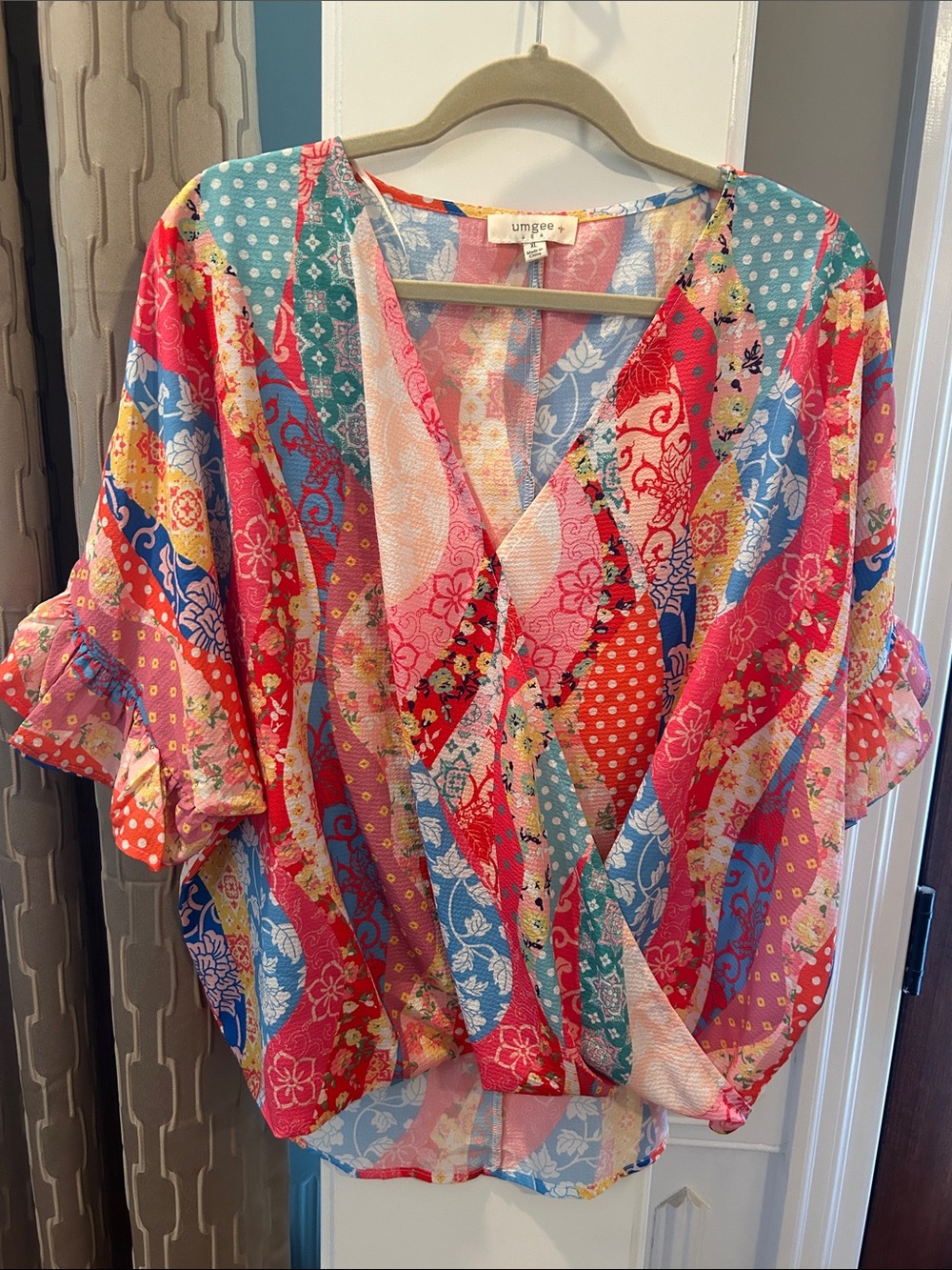 Umgee Multicolor Patchwork V-Neck Blouse in Pink, Blue, Red, Yellow & Cream